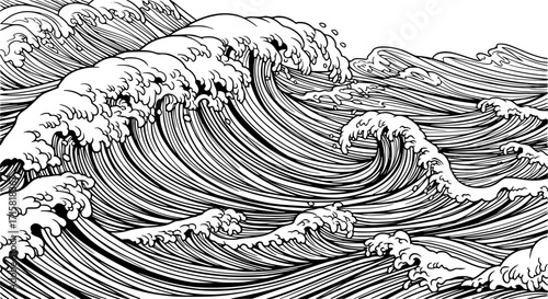 sea waves, vector oriental art. Vintage asian waves with ocean and sea water flow texture. Blue line splashes and tsunami surf with water swirls and ripples pattern.