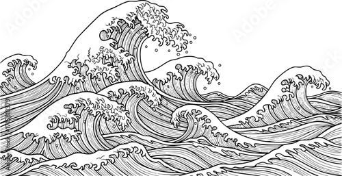 sea waves, vector oriental art. Vintage asian waves with ocean and sea water flow texture. Blue line splashes and tsunami surf with water swirls and ripples pattern.