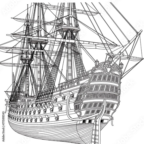 Detailed black and white line art illustration of a majestic historical sailing ship, depicting its intricate rigging, masts, and hull design in a classic nautical style.