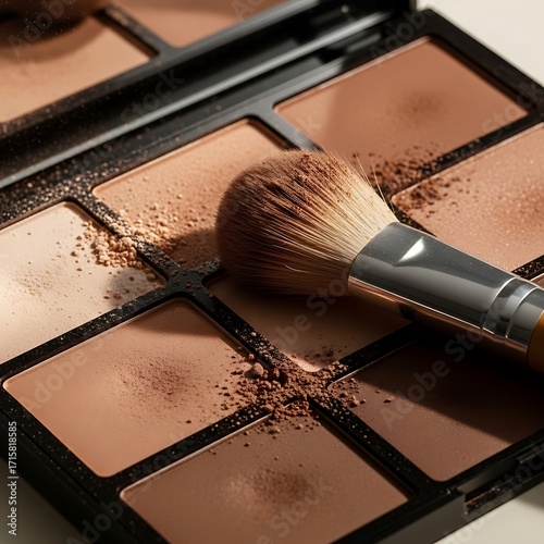 Close-up of a professional makeup palette featuring various shades of brown and beige eyeshadow or contour powder, with a brush resting on the product, ready for application.