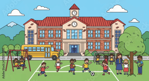 Cartoon illustration of a school building with a playground where diverse children are playing soccer and on swings.