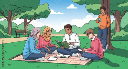 A diverse group of young students studying together outdoors on a blanket in a sunny park.