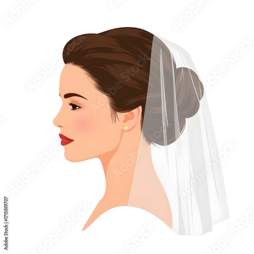 Elegant bride with veil showcasing hairstyle, bridal accessories