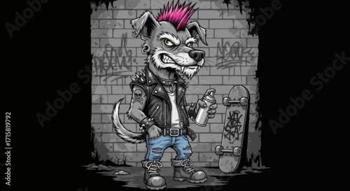 An anthropomorphic punk rock dog with a pink mohawk, leather jacket, and spray can stands by a skateboard against a graffiti wall.