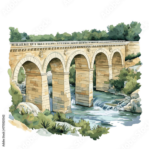 Pont du Gard. Pont du Gard watercolor vector illustration