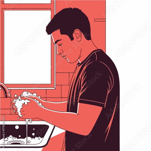 Focused Young Man Washing Hands with Soap in a Sink