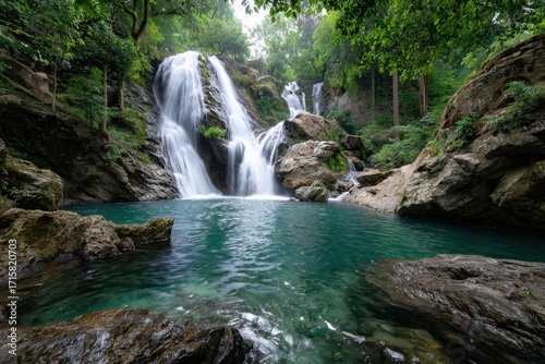 Serene Waterfall Cascades into a Tranquil Green Pool