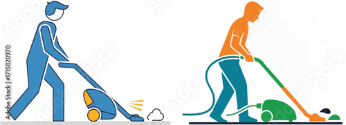 Stylized Graphic of People Vacuuming and Cleaning Floors