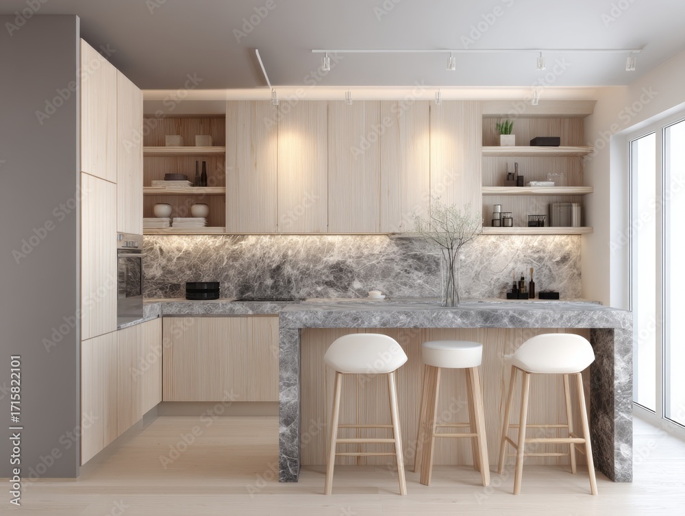 Fototapeta premium A modern kitchen design, featuring light wood cabinetry and a gray marble backsplash, exudes a tranquil and airy feel, highlighted by white bar stools.