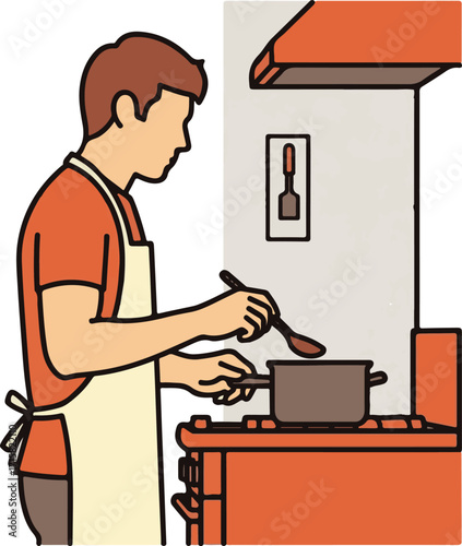 Man Cooking on a Stove in a Kitchen with an Apron