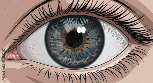 A detailed close-up vector illustration of a beautiful human eye with a blue and brown iris, long eyelashes, and a reflection in the pupil.
