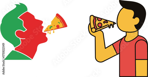 Two Stylized Illustrations of Individuals Enjoying Pizza Slices
