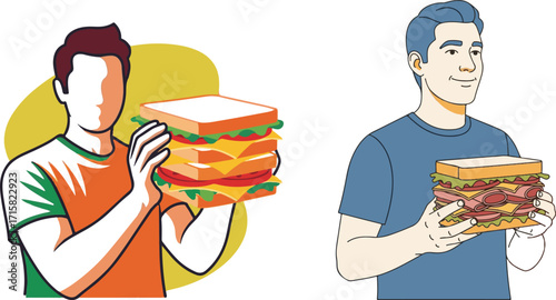 Vector Illustration of Two Men Holding Large, Multi-Layered Sandwiches
