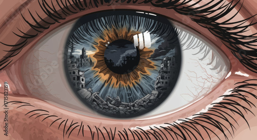 Surreal artistic illustration of a human eye with a detailed fantasy landscape of mountains and a castle reflected in the blue and brown iris.