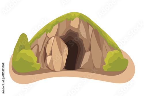 Easter Vector Illustration.He is risen. Empty tomb of Jesus.Cave.