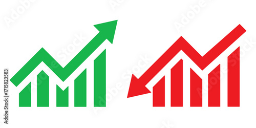 Graph going Up and Down sign with green and red arrows vector. Flat design vector illustration.