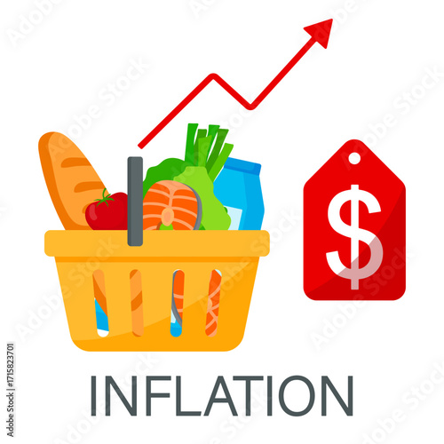 Inflation illustration. Groceries rising price. Shopping cart with groceries.