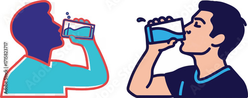 Stylized Illustrations of Men Drinking Water for Hydration and Health