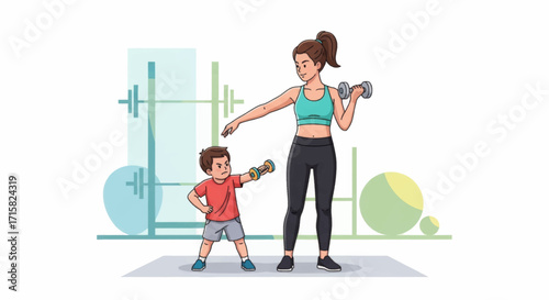 A mother and her young son exercise together with dumbbells, illustrating family fitness, health, and bonding in a home gym setting.