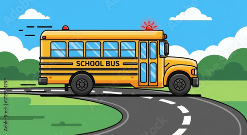 A yellow school bus driving down a winding road in a cartoon illustration style with a green landscape and blue sky.