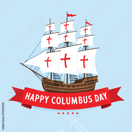 Stylized Columbus Day ship illustration with red cross sails, ribbon banner, stars, and light blue background for holiday themes
