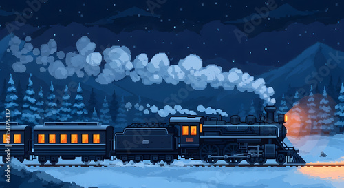 Pixel Art Winter Express Train with Snowy Landscape