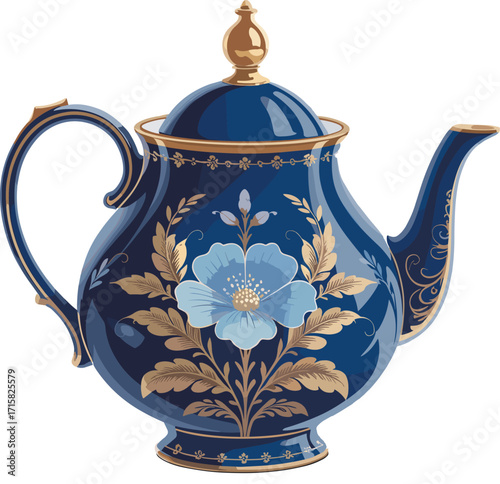 Elegant blue teapot with floral decoration, traditional porcelain design, vintage kitchenware art, ornamental tea pot illustration - cad drawing flat vector illustration