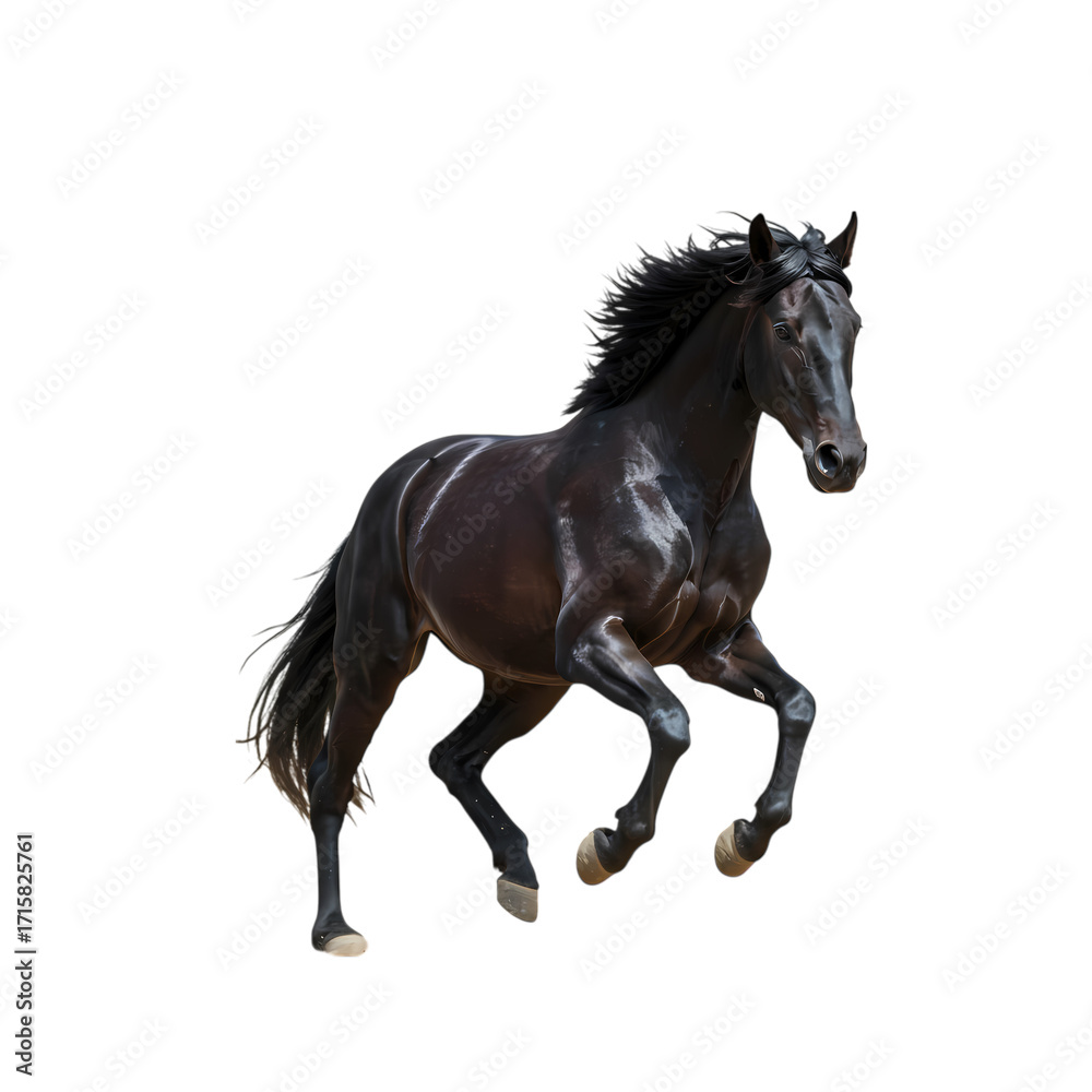 Fototapeta premium Majestic black stallion in powerful motion, showcasing strength, grace, and untamed spirit.