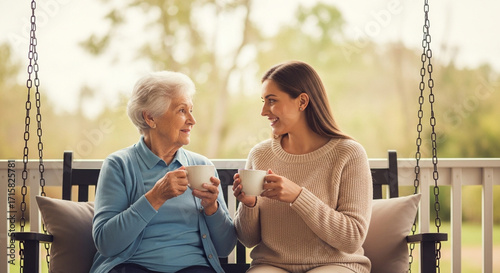 Two women, one older and one younger, enjoying coffee together on a porch swing.