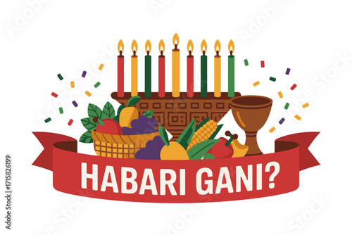 Habari Gani greeting, Kwanzaa kinara with seven candles, unity cup and fruits, mkeka mat, African pattern, celebration vector