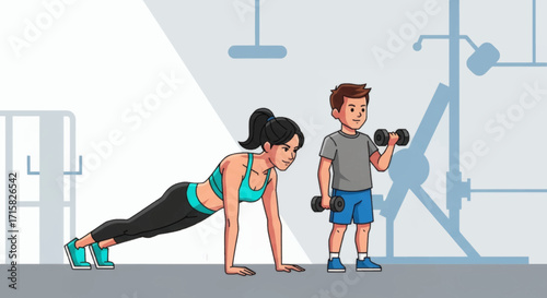 A fit mother and her young son exercise together in a gym, with the woman doing a plank and the boy lifting dumbbells.