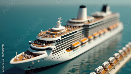 Miniature uniformed captains decisively navigating elegant cruise ship with multiple deck levels - illustration of sea cruises.