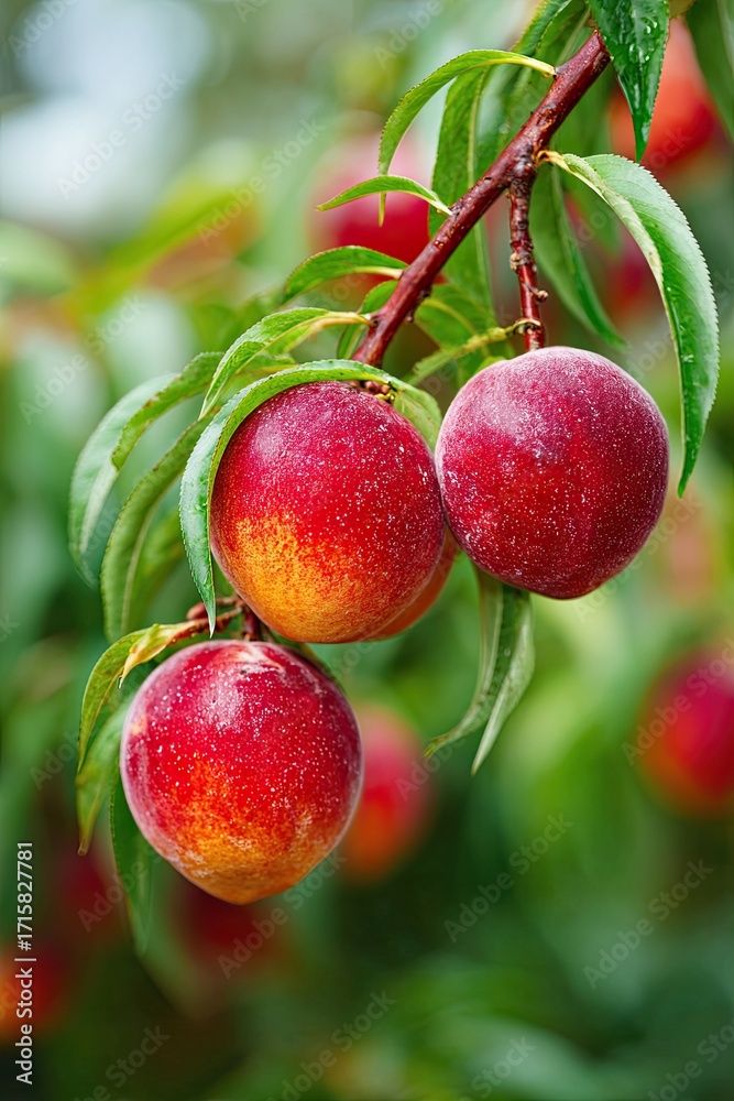 Obraz premium Sweet peach fruits growing on a peach tree branch