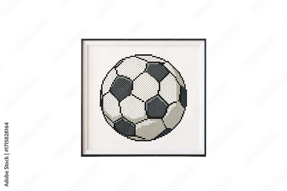 Obraz premium Pixel art of Framed cross-stitch soccer ball with black and white hexagonal pattern on white fabric