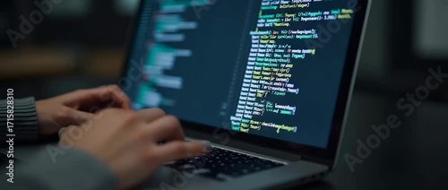 closeup coding screen woman hands html programming laptop development web concept as A programmer types code on a laptop screen symbolizing focus on HTML development coding and web programming skills 