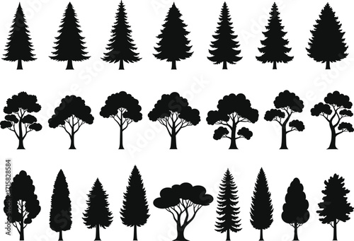 Tree silhouettes, forest icons, coniferous shapes, deciduous outlines, nature elements, botanical graphics, landscape design,