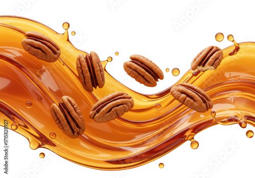 Isolated pecan nuts floating on a caramel liquid splash advertising delicious confectionery