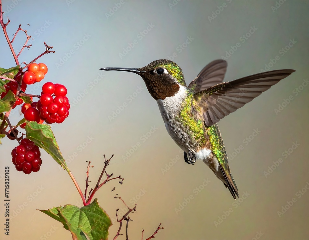 Fototapeta premium A hummingbird in flight, poised near a cluster of vibrant red berries, showcasing a natural scene of wildlife and nature's beauty.