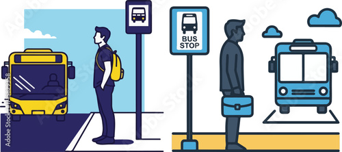 Illustration of People Waiting for Public Buses at Urban Bus Stops