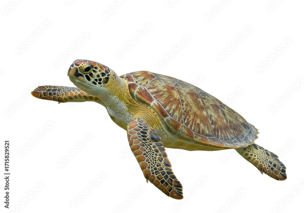 Fototapeta premium Isolated Green Sea Turtle Swimming Upward toward the Camera, Seen from an Angle Above