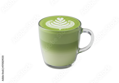 Obraz na plátně Isolated glass mug filled with fresh matcha tea latte and artful latte design on