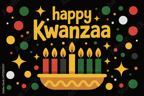 Happy Kwanzaa poster, glowing kinara centerpiece, star confetti background, celebratory bowl base, modern cultural celebration vector