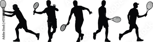 Silhouette of Male Tennis Players in Action Poses with Rackets on White Background for Sports and Fitness Vector Illustration