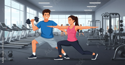A man and a woman exercising together in a modern gym, doing lunges and lifting weights for fitness and health.