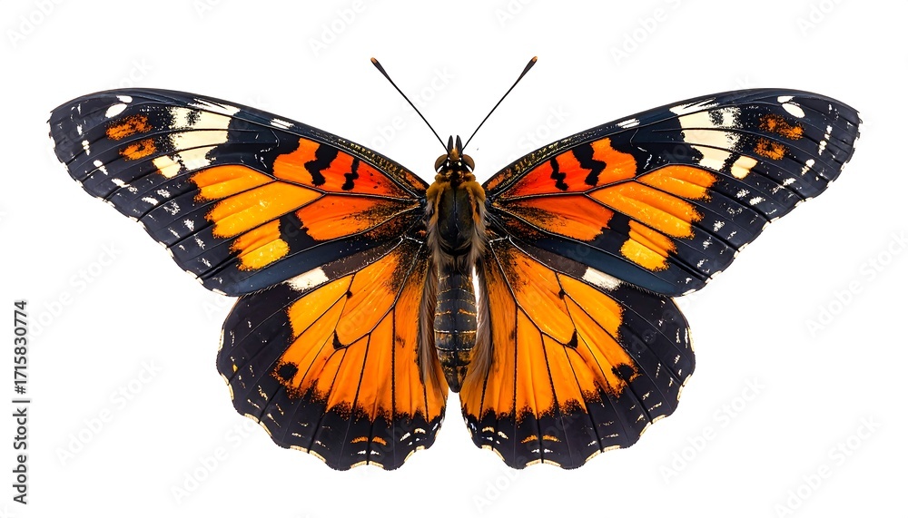 Fototapeta premium A vibrant orange and black butterfly with intricate patterns takes center stage against a pure white background.