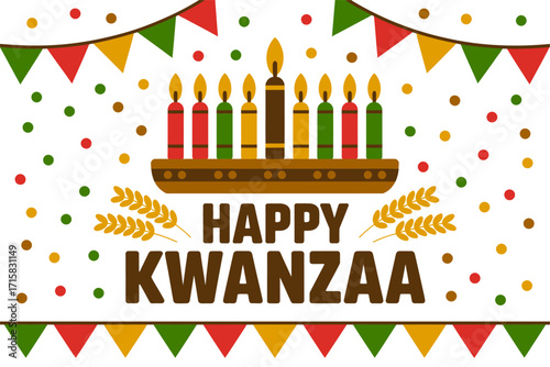 Happy Kwanzaa greeting, white background confetti, wooden kinara stand, bunting garlands, joyful seasonal message, clean vector design