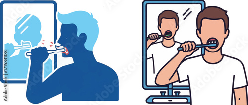 Illustration of Men Brushing Teeth, Highlighting Bleeding Gums and Healthy Oral Care