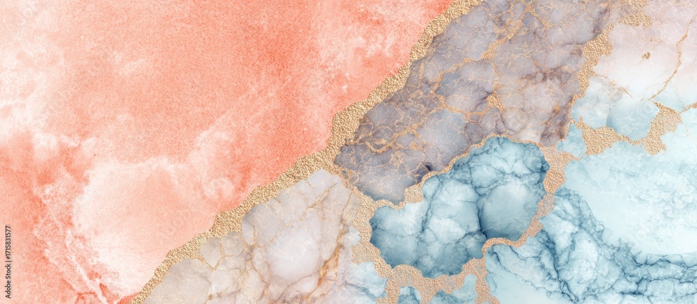 Fototapeta premium Abstract marble effect in peach, blues and grays, with golden veining accents