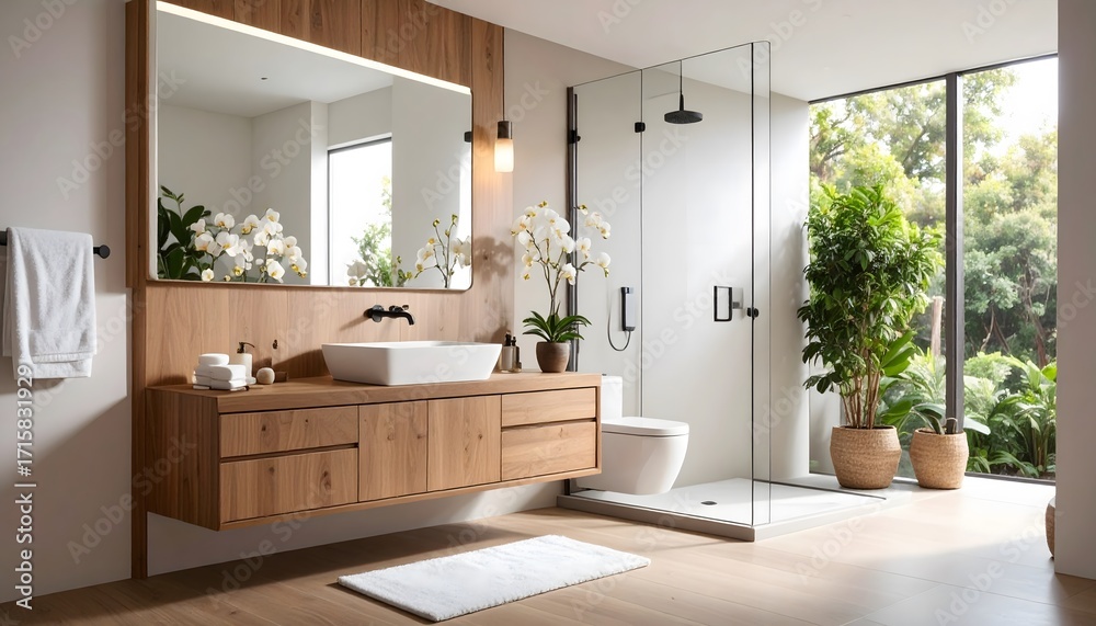 Fototapeta premium Modern Bathroom with Natural Wood Accents and Lush Greenery