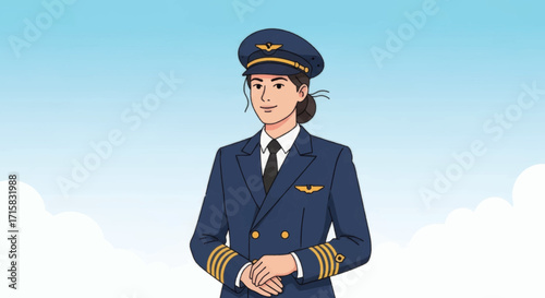 Illustration of a professional female airline pilot in uniform against a sky background.